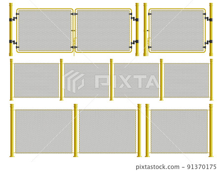 Metal wire fence and gate set in realistic style Metal wire fence and gate set in realistic style 91370175
