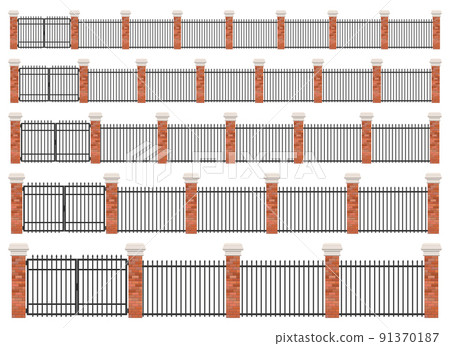 Realistic brick and steel fence set Realistic brick and steel fence set 91370187