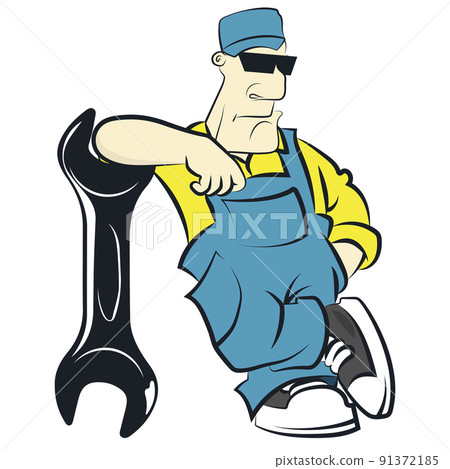 Brutal and funny handyman in uniform with wrench Brutal and funny handyman in uniform with wrench 91372185