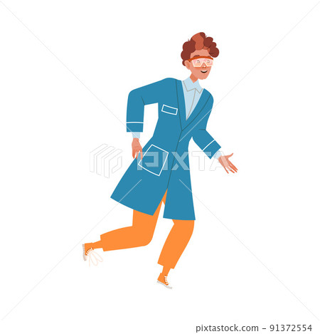 Man Scientist in Goggles Running Conducting Scientific Research Vector Illustration 91372554