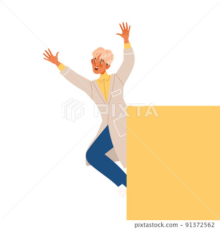 Blond Man Scientist Running with Raised Hands Conducting Scientific Research Vector Illustration 91372562