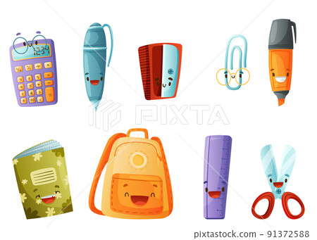 Funny School Items with Smiling Faces as Cartoon Education Supply Vector Set Funny School Items with Smiling Faces as Cartoon Education Supply Vector Set 91372588
