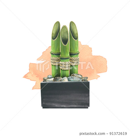 Watercolor illustration composition of bamboo stalks in pots with pebbles on the background of a watercolor spot, for home interior decoration, spa salon. In the Asian style. Poster, print. 91372619