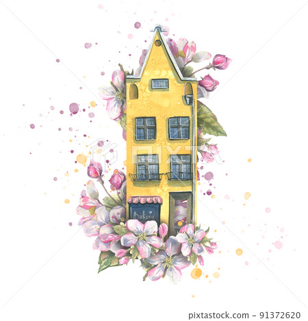 An old European house in apple blossoms, with splashes of paint. Watercolor illustration. Composition for decoration and design of souvenirs, postcards, posters, stickers, banners, prints. 91372620