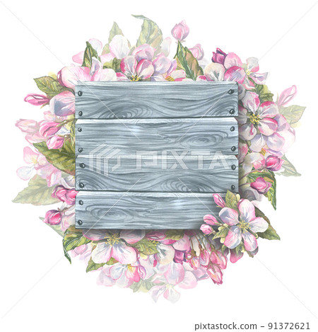Wooden gray boards, a wall for information surrounded by apple blossoms. Delicate, watercolor illustration. Composition for the design and decoration of postcards, posters, banners, invitations logos Wooden gray boards, a wall for information surrounded by apple blossoms. Delicate, watercolor illustration. Composition for the design and decoration of postcards, posters, banners, invitations logos 91372621