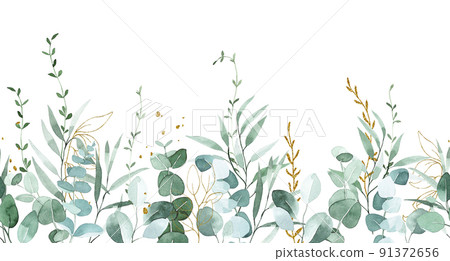 watercolor seamless pattern, border with green eucalyptus leaves and golden leaves and splashes. watercolor seamless pattern, border with green eucalyptus leaves and golden leaves and splashes. 91372656