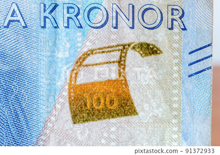 Object made with paints changing color banknote on 100 SEK Swedish krona created to prevent counterfeiters. 91372933