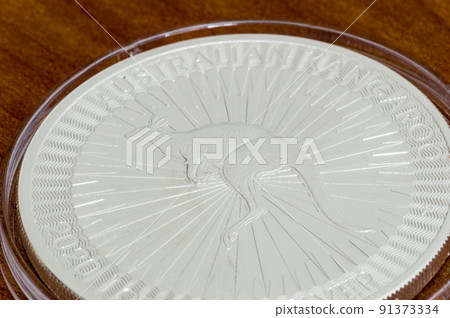 Close-up on Kangaroo on Australian 1 dollar coin. 1oz silver coin. 91373334