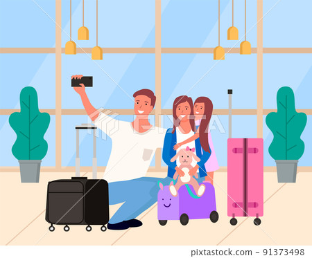 Selfie of Parents with Daughter in Airport Vector Selfie of Parents with Daughter in Airport Vector 91373498