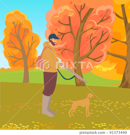Huntsman and Dog in Forest, Hunting Hobby Vector Huntsman and Dog in Forest, Hunting Hobby Vector 91373499