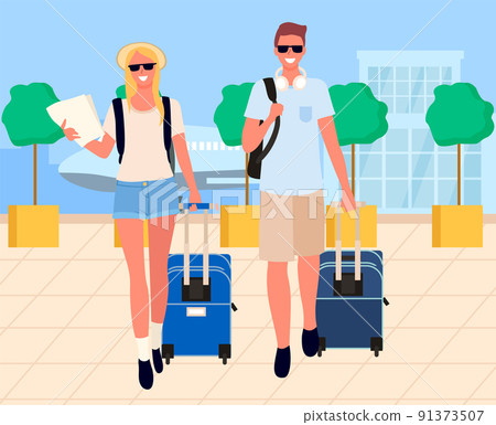 Travelers Arrival, Tourists in Airport Vector Travelers Arrival, Tourists in Airport Vector 91373507
