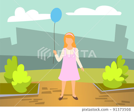 Little Girl Wearing Pink Dress Holding Balloon 91373508