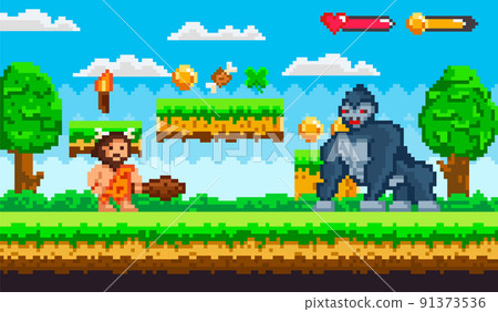 Pixel Game with Caveman and Huge Gorilla Vector Pixel Game with Caveman and Huge Gorilla Vector 91373536