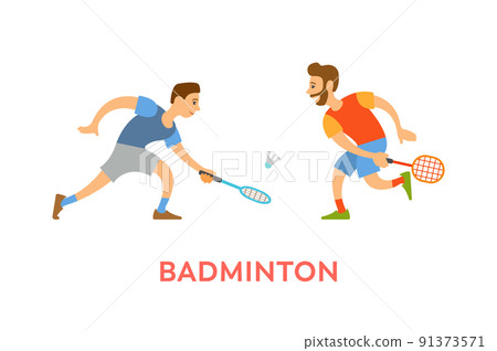 Badminton Players Men with Rackets Playing Game Badminton Players Men with Rackets Playing Game 91373571