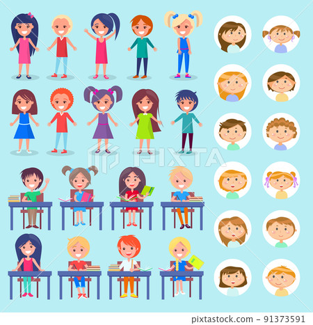 Lesson in School, Students Sitting by Desks Set 91373591