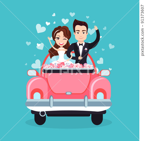 Newlywed Couple Riding Car Waving Hands Vector 91373607