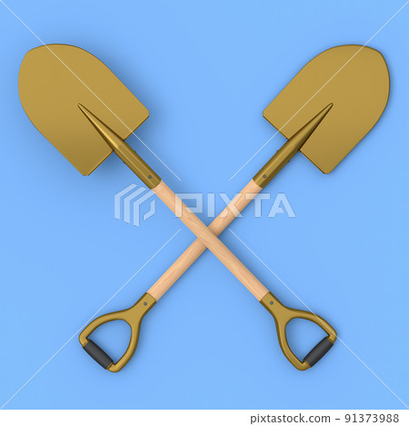 Set of garden shovel or trowel with wooden handle on blue, summer camping Set of garden shovel or trowel with wooden handle on blue, summer camping 91373988