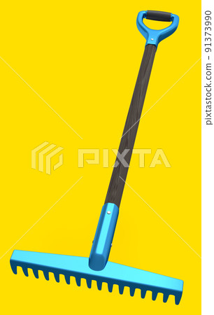 Garden rake with wooden handle for harvesting hay on yellow background. Garden rake with wooden handle for harvesting hay on yellow background. 91373990