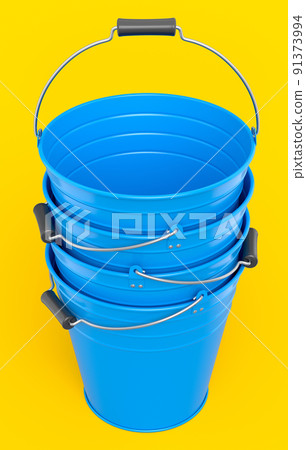 Set of metal garden buckets for hydration of plants isolated on yellow 91373994