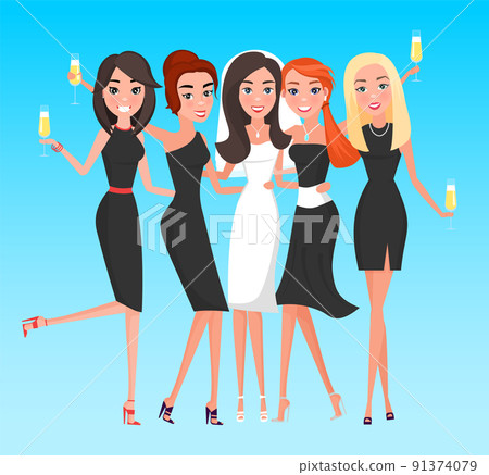 Bride with Friends Women, Hen-party Holiday Vector 91374079