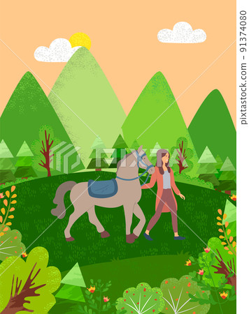Woman and Horse on Nature, Park or Farm Forest 91374080