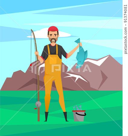 Bearded Fisher in Rubber Boots with Fish Trophy 91374081