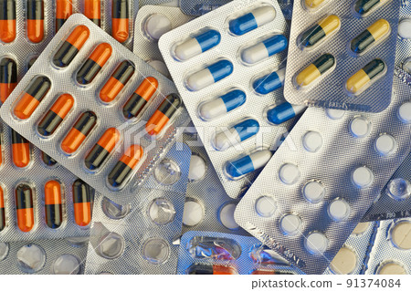Medicine, pills and tablets with blister packs turning. Medicine, pills and tablets with blister packs turning. 91374084