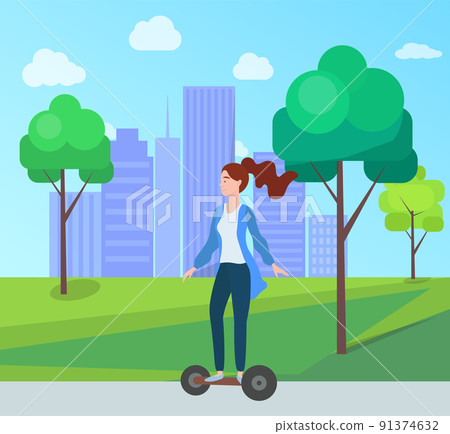 Woman Riding Segway in Green City Park with Trees 91374632