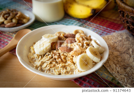 Healthy breakfast with oatmeal and soy milk Breakfast with oatmeal 91374643