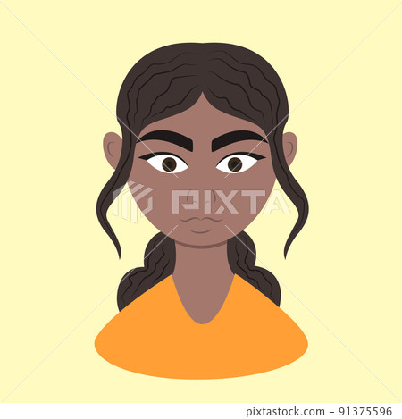 Woman different race portrait cartoon. Beautiful African girl with dark hair on yellow background. Ethnic diversity and tolerance. Vector illustration in flat cartoon style. 91375596