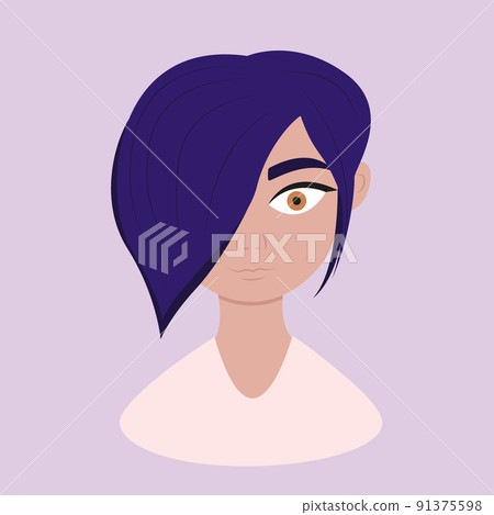 Woman different race portrait cartoon. Beautiful American girl with blue hair on purple background. Ethnic diversity and tolerance. Vector illustration in flat cartoon style. Woman different race portrait cartoon. Beautiful American girl with blue hair on purple background. Ethnic diversity and tolerance. Vector illustration in flat cartoon style. 91375598