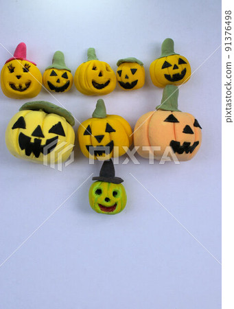 Nine ghost pumpkins for Halloween, handmade miniature clay work 91376498