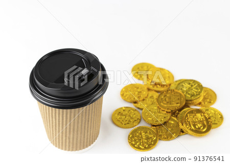Paper cup coffee and toy gold coins. Image of latte money Paper cup coffee and toy gold coins. Image of latte money 91376541