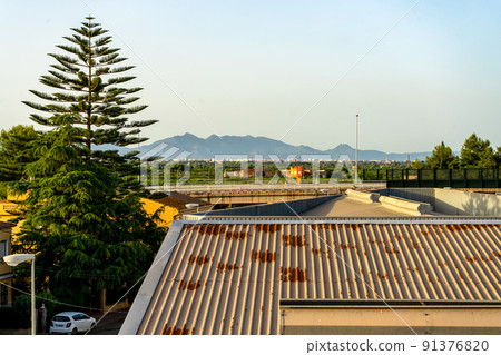 View of an urban landscape with a road, a large tree and the mountains in the background. 91376820