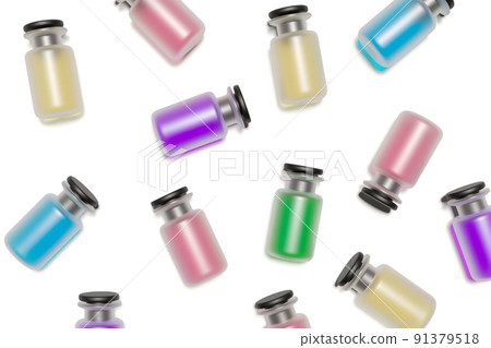 Glass bottles with different colored liquid content and black rubber plug 91379518