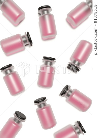 Glass bottles with pink content and black rubber plug 91379519