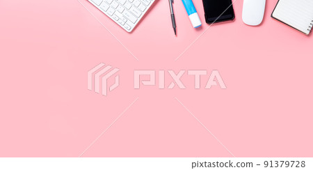Top view, Pink office desk with keyboard, smart phone, Notebook, pen and Cup of coffee, copy space, Mock up.. Top view, Pink office desk with keyboard, smart phone, Notebook, pen and Cup of coffee, copy space, Mock up.. 91379728