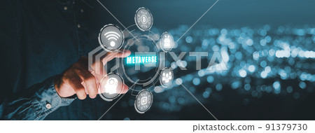 Metaverse Technology concepts, Person hand touching metaverse virtual icon diagram, Visualization and simulation, 3D, AR, VR, Innovation. Metaverse Technology concepts, Person hand touching metaverse virtual icon diagram, Visualization and simulation, 3D, AR, VR, Innovation. 91379730