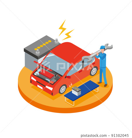 Workers replacing car batteries 91382045