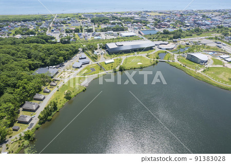 Upopoi seen from the sky above Lake Poroto (aerial view) 91383028