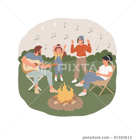 Guitar campfire songs isolated cartoon vector illustration. Parent plays guitar, family sitting near campfire, singing song together, camping night activity, summer holiday vector cartoon. 91383613