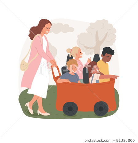 Multi seat stroller isolated cartoon vector illustration. Kindergarten facility, toddlers sitting in multi seat wagon, teacher pushing kids stroller, quad buggy, going outside vector cartoon. Multi seat stroller isolated cartoon vector illustration. Kindergarten facility, toddlers sitting in multi seat wagon, teacher pushing kids stroller, quad buggy, going outside vector cartoon. 91383800