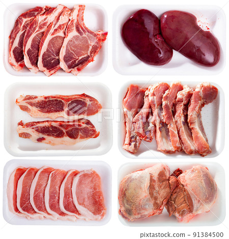 Set of various raw pork products isolated on white Set of various raw pork products isolated on white 91384500