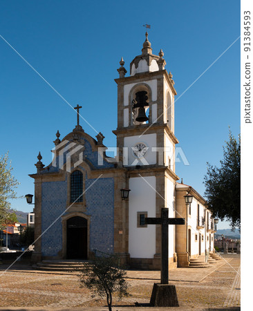 View of tower bell at Vila Real Igreja do Calvario cathedral, in Vila Real Downtown 91384593