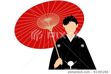 一個穿著有頂飾的袴(穿著日式服裝)的男人拿著雨傘擺姿勢 一個穿著有頂飾的袴(穿著日式服裝)的男人拿著雨傘擺姿勢 91385266