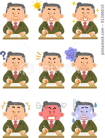 九種不同的西裝中年男子填寫文件的面部表情 91386610