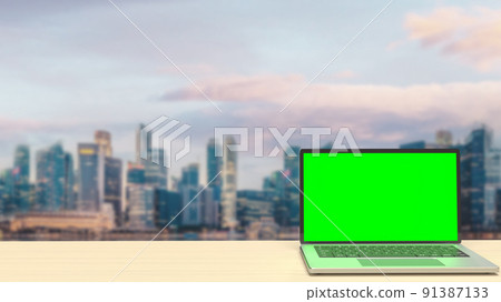 The notebook display green screen on rooftop building for present concept 3d rendering The notebook display green screen on rooftop building for present concept 3d rendering 91387133