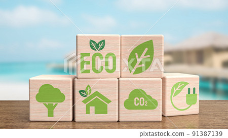 The ecology icon on wood cube for eco or natural concept 3d rendering The ecology icon on wood cube for eco or natural concept 3d rendering 91387139