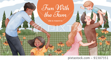 Head blog template with family fun day concept,watercolor style Head blog template with family fun day concept,watercolor style 91387351