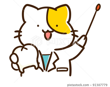 一隻可愛的醫生貓用牙齒模型教學的變形插圖 一隻可愛的醫生貓用牙齒模型教學的變形插圖 91387779